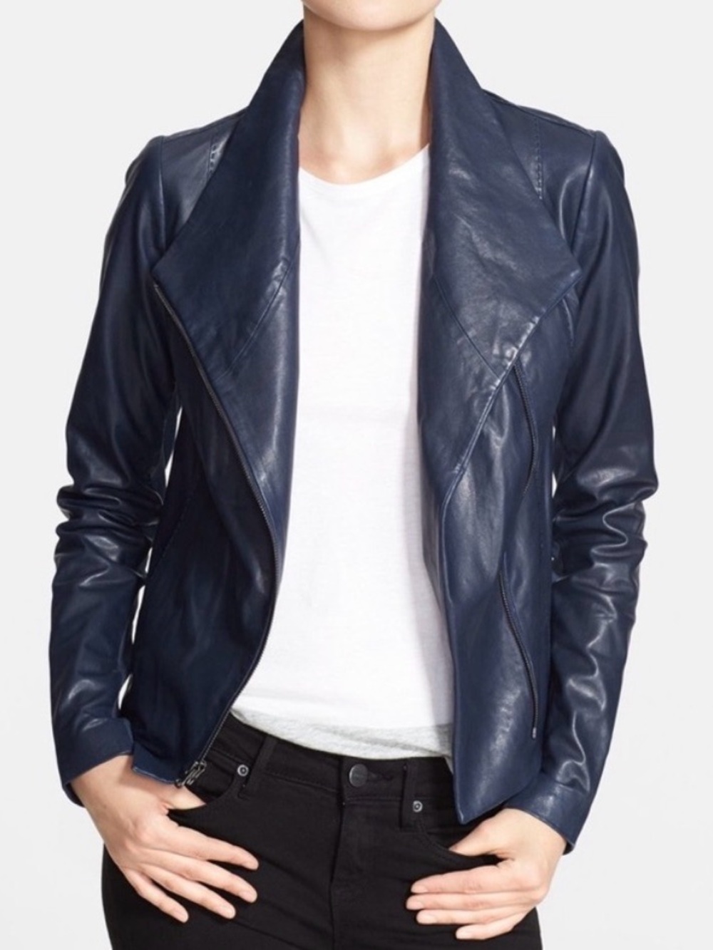 Vince Navy Leather Bomber Jacket